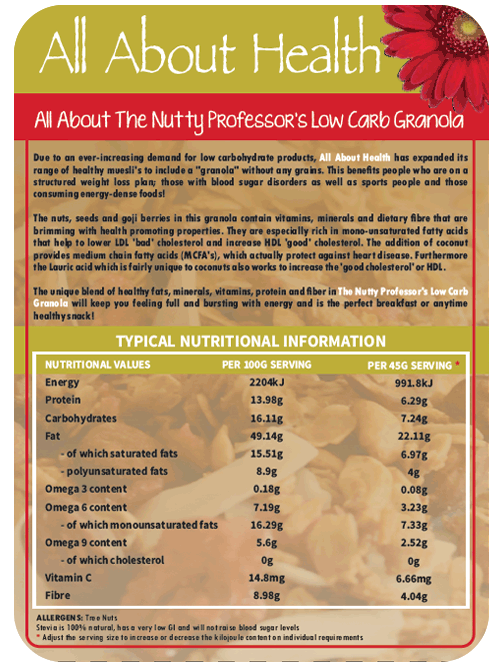 ALL ABOUT HEALTH NUTTY PROFESSOR LOW CARB GRANOLA 500g pouch - Image 2